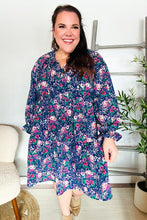 Load image into Gallery viewer, Feeling Joyful Navy Floral Bow Tie Babydoll Long Ruffle Sleeve Dress