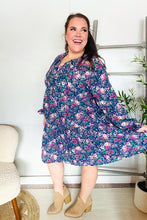 Load image into Gallery viewer, Feeling Joyful Navy Floral Bow Tie Babydoll Long Ruffle Sleeve Dress