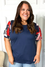 Load image into Gallery viewer, Stand-Out Navy Patriotic Patchwork Puff Sleeve Top