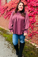 Load image into Gallery viewer, Be Your Best Wine Satin Shirred Yoke Frilled Mock Neck Top