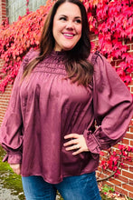 Load image into Gallery viewer, Be Your Best Wine Satin Shirred Yoke Frilled Mock Neck Top