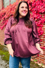 Load image into Gallery viewer, Be Your Best Wine Satin Shirred Yoke Frilled Mock Neck Top