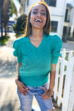 Load image into Gallery viewer, Be Bold Solid Emerald Shirred Puff Sleeve Sweater Top