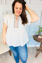 Load image into Gallery viewer, Weekend Ready Taupe Embroidered Notched Neck Babydoll Top