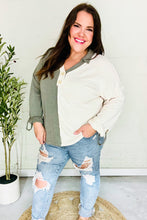 Load image into Gallery viewer, Start Your Day Olive Half & Half Collared Notched Neck Top