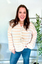 Load image into Gallery viewer, Embrace Joy Beige & Ivory Collar Stripe Bow Tie Terry Top