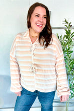 Load image into Gallery viewer, Embrace Joy Beige & Ivory Collar Stripe Bow Tie Terry Top
