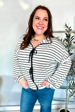 Load image into Gallery viewer, Embrace Joy Black & White Collared Stripe Ribbon Bow Tie Top