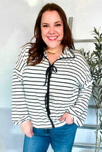 Load image into Gallery viewer, Embrace Joy Black & White Collared Stripe Ribbon Bow Tie Top