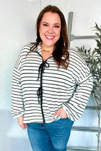 Load image into Gallery viewer, Embrace Joy Black & White Collared Stripe Ribbon Bow Tie Top
