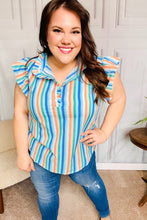 Load image into Gallery viewer, Happy Thoughts Sky Blue Striped Frill Button Down Top