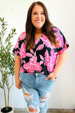 Load image into Gallery viewer, Tropical Vibes Black & Hot Pink Floral V Neck Top
