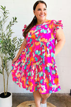 Load image into Gallery viewer, Look of Love Fuchsia Abstract Floral Print Smocked Ruffle Sleeve Dress