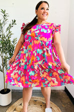 Load image into Gallery viewer, Look of Love Fuchsia Abstract Floral Print Smocked Ruffle Sleeve Dress
