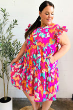 Load image into Gallery viewer, Look of Love Fuchsia Abstract Floral Print Smocked Ruffle Sleeve Dress