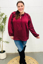 Load image into Gallery viewer, Holiday Vibes Burgundy Frill Detail Tie Neck Satin Top