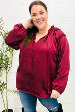 Load image into Gallery viewer, Holiday Vibes Burgundy Frill Detail Tie Neck Satin Top