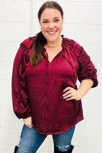 Load image into Gallery viewer, Holiday Vibes Burgundy Frill Detail Tie Neck Satin Top
