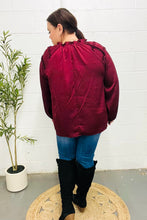 Load image into Gallery viewer, Holiday Vibes Burgundy Frill Detail Tie Neck Satin Top