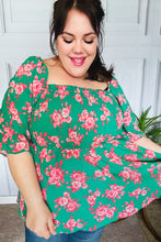 Load image into Gallery viewer, Sumptuous In Smocked Green & Coral Flower Print Babydoll Top