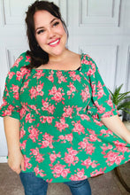 Load image into Gallery viewer, Sumptuous In Smocked Green & Coral Flower Print Babydoll Top