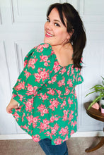 Load image into Gallery viewer, Sumptuous In Smocked Green & Coral Flower Print Babydoll Top