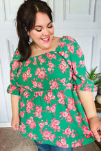 Load image into Gallery viewer, Sumptuous In Smocked Green & Coral Flower Print Babydoll Top