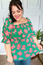 Load image into Gallery viewer, Sumptuous In Smocked Green & Coral Flower Print Babydoll Top