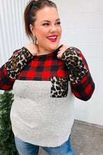 Load image into Gallery viewer, All Of Me Grey & Red Plaid Animal Print Pocketed Top