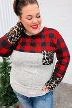 Load image into Gallery viewer, All Of Me Grey & Red Plaid Animal Print Pocketed Top