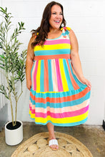 Load image into Gallery viewer, Start The Day Rainbow Stripe Shoulder Tie Tiered Dress