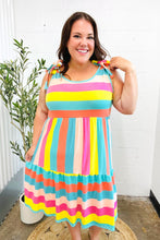 Load image into Gallery viewer, Start The Day Rainbow Stripe Shoulder Tie Tiered Dress
