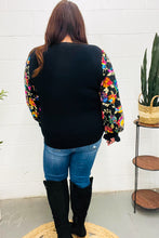 Load image into Gallery viewer, Diva Dreams Black Floral Sequin Mesh Sleeve Rib Knit Top