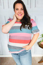 Load image into Gallery viewer, Look Out Teal & Rose Striped Hacci Knit Puff Sleeve Top