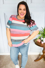 Load image into Gallery viewer, Look Out Teal & Rose Striped Hacci Knit Puff Sleeve Top