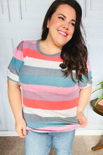 Load image into Gallery viewer, Look Out Teal & Rose Striped Hacci Knit Puff Sleeve Top