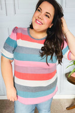 Load image into Gallery viewer, Look Out Teal & Rose Striped Hacci Knit Puff Sleeve Top