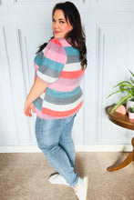 Load image into Gallery viewer, Look Out Teal & Rose Striped Hacci Knit Puff Sleeve Top