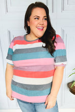 Load image into Gallery viewer, Look Out Teal & Rose Striped Hacci Knit Puff Sleeve Top