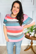 Load image into Gallery viewer, Look Out Teal & Rose Striped Hacci Knit Puff Sleeve Top