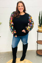 Load image into Gallery viewer, Diva Dreams Black Floral Sequin Mesh Sleeve Rib Knit Top