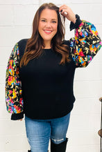 Load image into Gallery viewer, Diva Dreams Black Floral Sequin Mesh Sleeve Rib Knit Top