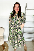 Load image into Gallery viewer, Hello Beautiful Black & Green Ruffled Notch Neck Babydoll Smocked Midi Dress