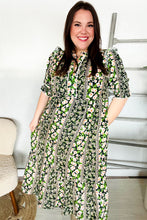 Load image into Gallery viewer, Hello Beautiful Black & Green Ruffled Notch Neck Babydoll Smocked Midi Dress
