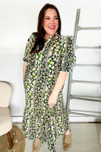 Load image into Gallery viewer, Hello Beautiful Black & Green Ruffled Notch Neck Babydoll Smocked Midi Dress