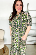 Load image into Gallery viewer, Hello Beautiful Black & Green Ruffled Notch Neck Babydoll Smocked Midi Dress
