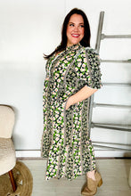 Load image into Gallery viewer, Hello Beautiful Black & Green Ruffled Notch Neck Babydoll Smocked Midi Dress