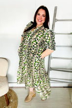 Load image into Gallery viewer, Hello Beautiful Black & Green Ruffled Notch Neck Babydoll Smocked Midi Dress