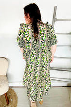 Load image into Gallery viewer, Hello Beautiful Black & Green Ruffled Notch Neck Babydoll Smocked Midi Dress