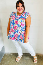 Load image into Gallery viewer, Sky Blue Floral Yoke Flutter Sleeve Keyhole Back Top